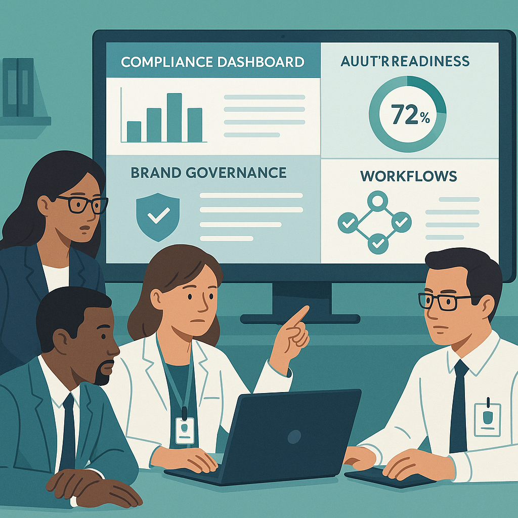 Healthcare marketing team reviewing compliance das